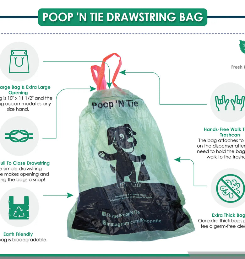 Biodegradable Drawstring Closure Dog Poop Bag - 15 Bags/Roll